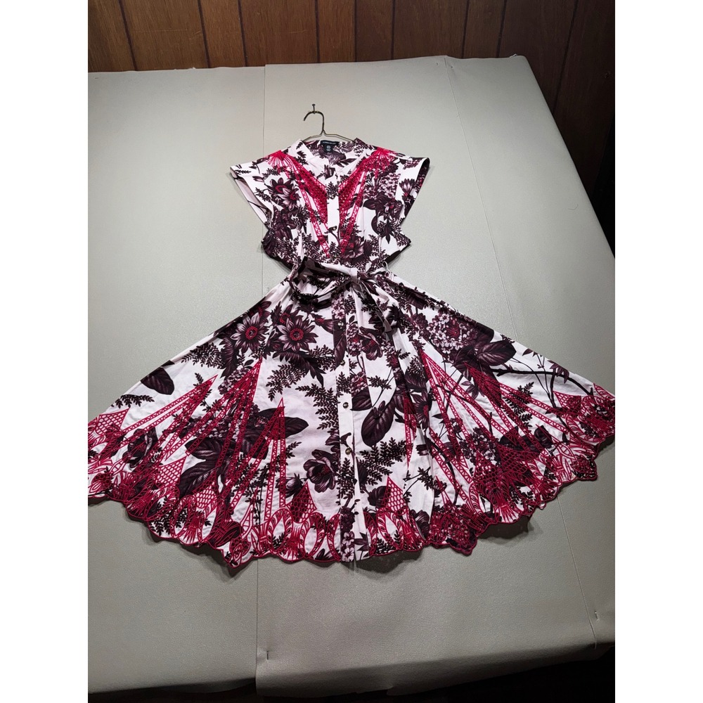 Karen Millen Floral Lace Trim Shirt Dress Pink Burgundy Scalloped Hem Midi